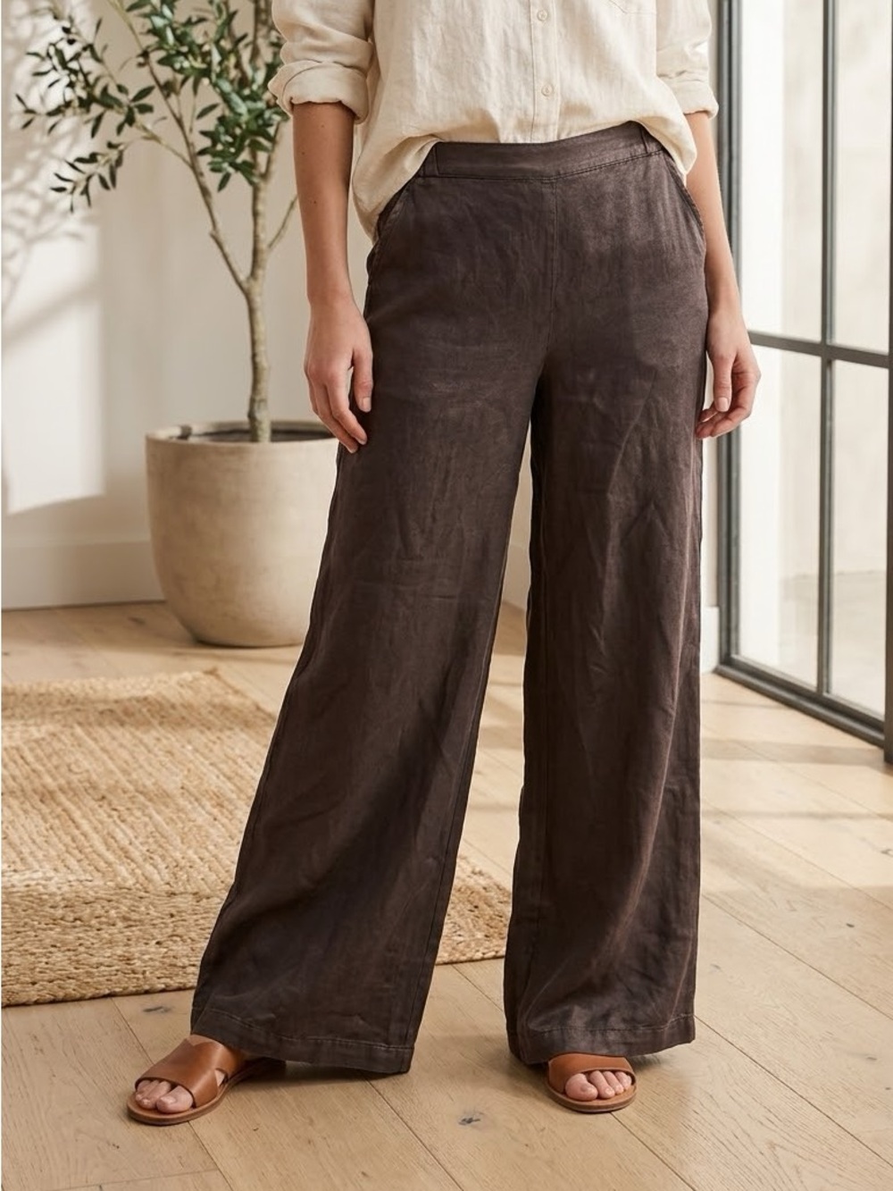 CP Shades Hemp Silk Wide-Leg Pants Brown Pewter Wash | Boho Luxe Natural Fiber L
